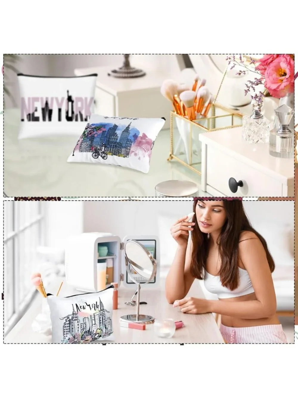 9 Pcs New York Cosmetic Bag Set - Zipper Pouch Makeup Purse for Travel & Gifts